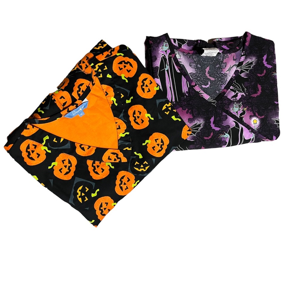 Women's Set of 2 Halloween Printed Classic Fit Scrub Tops Size XL